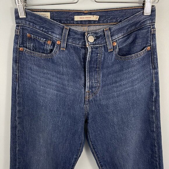 Levis Premium Wedgie Straight Jeans Blue Womens 26 Button Fly Raw Hem - Picture 2 of 15